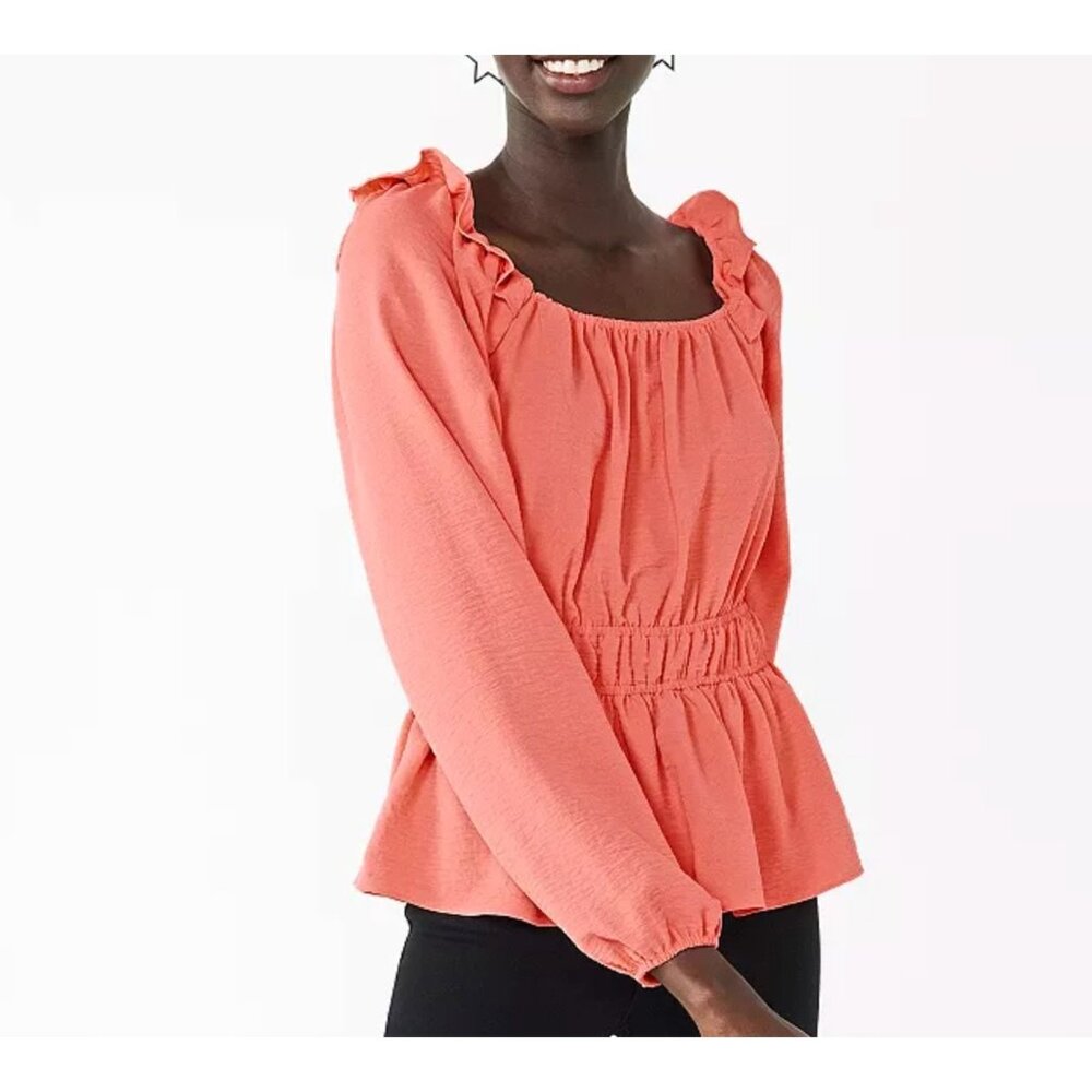 Nine West Top Blouse Womens XXL Coral Peplum Long Sleeve Square Neck Twill